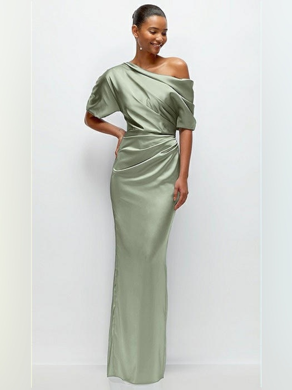 Elegant One-Shoulder Sage Satin Evening Dress - Picture 2 of 11